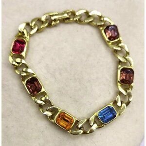GOLDTONE MULTICOLORED FACETED STONE FIGARO CHAIN BRACELET